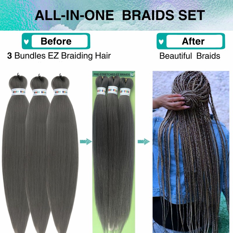 Gray Braiding Hair Pre stretched Hypoallergenic Braiding Hair Extensions