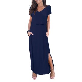 Smallshow Women's Maternity Nursing Dresses Split Long Dress for Breastfeeding Medium Dark Blue