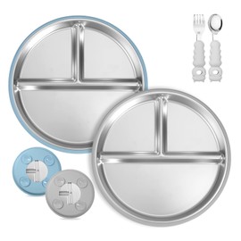 Wesketch 2 Pack Stainless Steel Baby Plates with Suction, Toddler Plates with Removable Silicone Shell for Kids, Non-Slip Toddler Baby Feeding Set, Forks + Spoons Included-Gray & Blue
