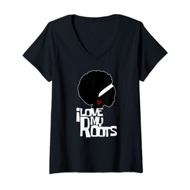 Womens Pretty African American Black Afro Queen Girl Curly Hair V-Neck T-Shirt