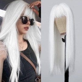 Allbell White Wig for Women Long Silk Straight Wigs with Bangs Natural Looking Heat Resistant Synthetic Hair Replacement for Daily Party Cosplay
