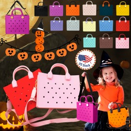 Halloween EVA Tote Bag Ghost Pumpkin Skeleton Theme Waterproof Punch Holes DIY Handbag for Women Party Giftsize: 35*10*3cm, Color: HYB-T23