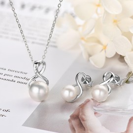 DENGGUANG Pearl Necklace and Earring Set for Women, 925 Sterling Silver Freshwater Cultured Pearl Infinity Wedding Jewelry Anniversary Birthday Gifts for Her