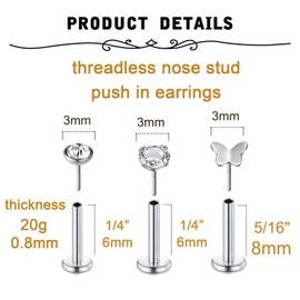 MODRSA Nose Studs Threadless Nose Stud 20g Flat Back Nose Stud 20g Cartilage Earring Flat Back Earrings Flatback Nose Stud 20 gauge Nose Rings Push in Nose Stud Helix Conch Earring Studs for Women 6mm