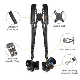 Kasla Arnés de cuero para cámara de hombro para fotógrafos, arnés de cámara doble correa para cámara (negro)