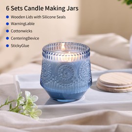 LAMORGIFT 13.5OZ Blue Glass Candle Jars for Making Candles, 6 Pack - Unique Empty Candle Jars Bulk with Bamboo Lids and Candle Making Accessories, Candle Vessels Containers for Candle Making