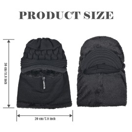 Yonchic Fleece Lined Beanie Hat, Elastic Soft Ear Protection Knitted Scarf Mask Hat with Zipper, Face Neck Warmer Set for Women (Black)