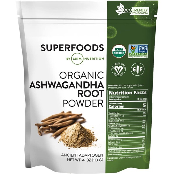 MRM Nutrition Organic Ashwagandha Root Powder | Superfoods | Ancient adaptogen | Antioxidants | Vegan + Gluten-Free | 113 Servings