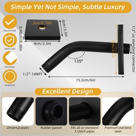 Shower Extension Arm with 3.5 Inch Square Showerhead Decorative Cover, 6 Inch Wall Mount Shower Head Extender, Matte Black Showers Pipe Extension, Durable Replacement Showers Head Pipe
