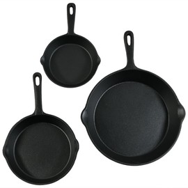 Sunnydaze Pre-Seasoned Heavy-Duty 3-Piece Cast Iron Skillet Set - 6-Inch, 7-Inch and 10-Inch Black Metal Frying Pans - Indoor and Outdoor Camp Cookware