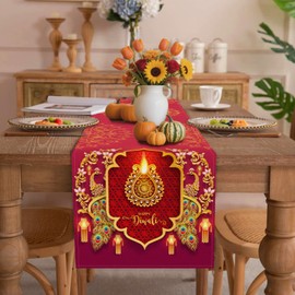 Diwali Table Runner,Indian Festival of Light Tablecloth Holiday Red Table Cover Diwali Decorations and Supplies for Home Kitchen Dining Room Party Decor (13 X 72 Inch)