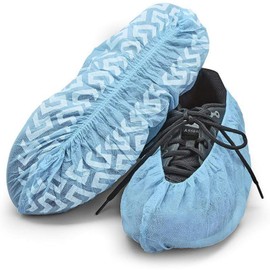 EZGOODZ Blue Shoe Covers Disposable Non Slip 18.5" x 9", Pack of 300 Disposable Shoe Covers, Disposable Shoe Covers for Indoors with Elastic Ankle, Plastic Shoe Covers for Construction Work
