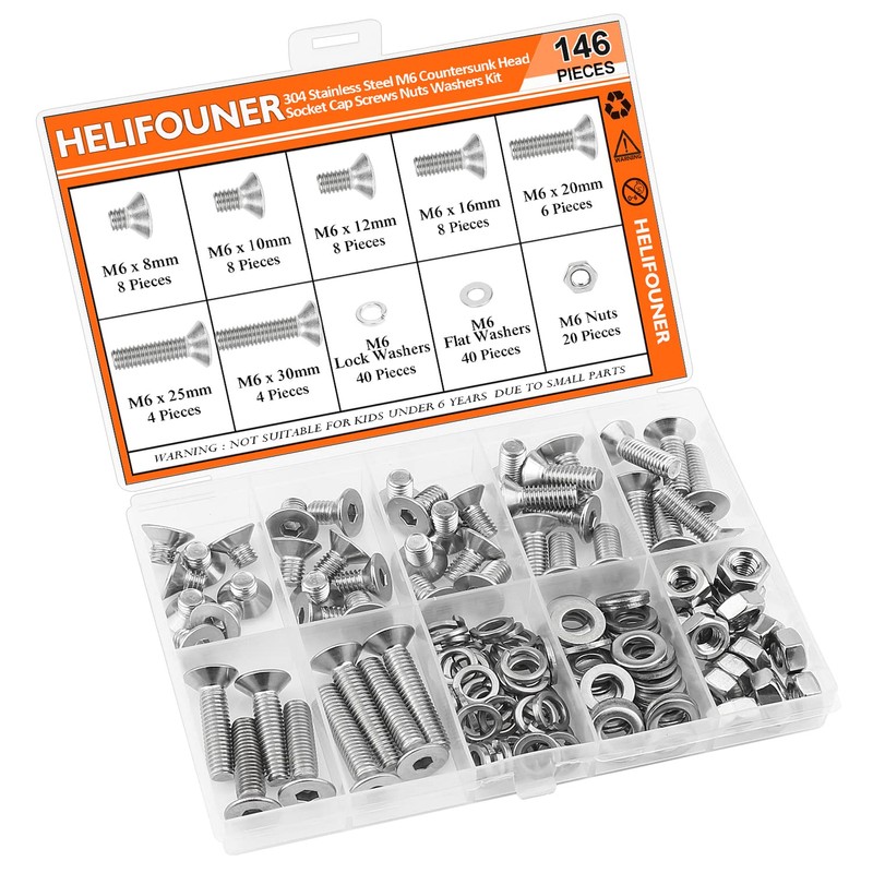 HELIFOUNER 146 Pieces M6 x 8mm /10mm /12mm /16mm /20mm