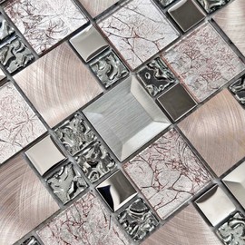Hominter Metal & Glass Mosaic Tile – Silver & Rose Gold Kitchen Backsplash Wall Tiles, Modern Textured Mixed Material for Bathroom, Fireplace, Accent Wall (6 Square Feet)