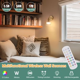 Shenmoyl Vintage Battery Operated Wall Sconce with Transparent Stripe Glass Lampshade Rechargeable Battery Powered Wall Light with Remote Control for Bedside Bedroom Doorway