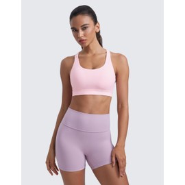 CRZ YOGA Women's Without Underwire Sports Bra Crossed Back Spaghetti Top Removable Pads Yoga Crop Top, Strawberry Pink, M