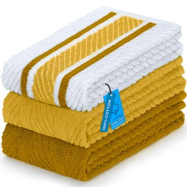 DecorRack 3 Kitchen Towels, 16 x 27 Inch Dish Cloths for Kitchen and Countertop Use, Yellow Set (1 Striped, 2 Solid)