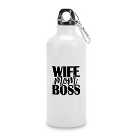 VEHFA Funny Aluminum Sports Water Bottle Wife Mom Boss Insulated Sports Water Bottle with Carabiner Clip, 14 Oz, White