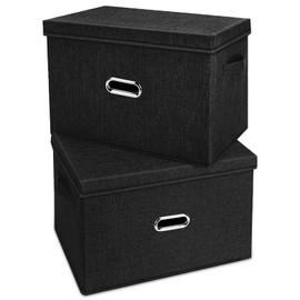 Valease Large Linen Fabric Foldable Storage Bins with Removable Lid and Handles, Washable Storage Box Organizer Containers Baskets Cube with Cover for Bedroom,Office(Black, Small(2-Pack))