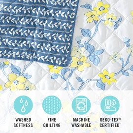 MARTHA STEWART King Size Quilt Bedding Set - 3 Piece, Soft Washed Microfiber, Printed Bedspread, Reversible, All Season, 1 Quilt, 2 King Pillow Shams, White & Blue, Maribel Floral Print