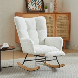 Modern Nursery Rocking Chair, Upholstered Glider Chair with High Backrest, Rocker Accent Armchair with Solid Wood Legscolor: White + Teddy