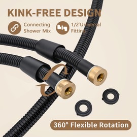 INAVAMZ 71-Inch Black Metal Shower Hose with Dual Cone Anti-Tangle Nuts: 304 Stainless Steels Design, Universal G1/2 Connector for Outdoor/Indoor Use -Suit for Home Gardening, Washing, Showering
