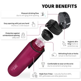 720°DGREE Water Bottle “uberBottle“ - 1.5 L softTouch +Fruit-Infuser - BPA-Free Tritan, Leakproof, Reusable Drinking Bottle - Sports Bottle for Gym, Running, Fitness, Hiking, Travel, School, Office