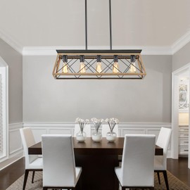 HuixuTe 5-Light Farmhouse Dining Room Chandelier Over Table, Rustic Kitchen Island Lighting, Adjustable Height Pendant Light for Kitchen, Dining Room Table Rustic Wood
