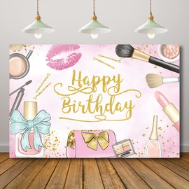 Rarcoirs Makeup Birthday Party Backdrop Pink Beauty Make Up Spa Background for Girls Birthday Decorations Women Glamour Cosmetics Bday Photo Shoot Banner 71X47inch
