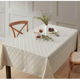 HLC.ME Modena Fabric Tablecloth, Jacquard Fabric Table Cloth for Rectangle Table, Advanced Water Resistance, Fade, and Wrinkle Resistant Table Cloth, Geometric Lattice Pattern - Beige, 60x104