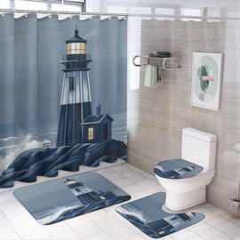 Dunmat 4 Pcs Vintage Lighthouse Shower Curtain Set with Rugs, Include Bathroom Non-Slip Floor Mat, U-Shaped Bath Rug and Toilet Cover Lid with 12 Hooks, Style-3
