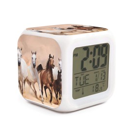 TEKEN Fashion Horse Herd Desert Sand Storm 7 LED Color Change Digital Thermometer Alarm Clock with LCD Display Cube Night Light for Kids