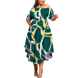 WUSENST Plus Size Midi Dress for Curvy Women Off Shoulder Boat Neck Prints Hi Low Irregularly Flowy Dresses Green Gold
