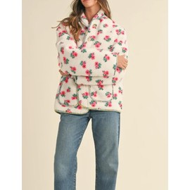 Dqbeng Womens Floral Print Sherpa Fleece Jackets Fuzzy Button Down Coat Warm Outwear with Pockets (Cream-L)