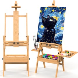 Solid Beech Wood H-Frame Easel, Large Painting Easel with Storage Box and Palette, Professional Foldable Studio Art Easel Stand with Signature Box for Adults, Holds Canvas Art up to 48"