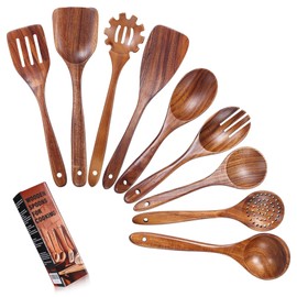 Wooden Utensils for Cooking，9 Pcs Kitchen Utensil Set，Eco-Friendly Cooking Utensils Set，Natural Acacia Wooden Spoons for Cooking&Wooden Spatula，Non Toxic Ustensile de Cuisine for Nonstick Cookware