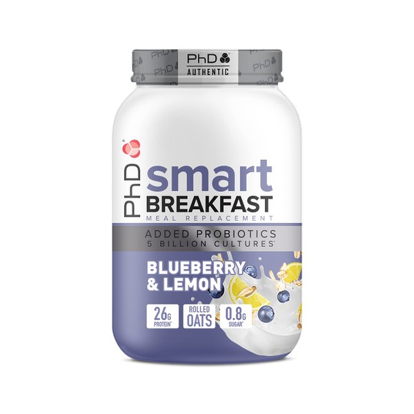 PhD Smart Breakfast Shake, with High Protein, Essential Vitamins & Minerals, Probiotics & Digestive Enzymes, Blueberry & Lemon Flavor, 26 g Protein,10 Servings