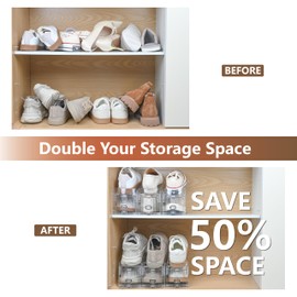 TENTONUP 10-Pack Shoe Slot Organizer & Shoe Stacker for Closet, Adjustable Shoe Space Saver, Double Deck Clear Shoe Storage for Small Spaces (Transparent)