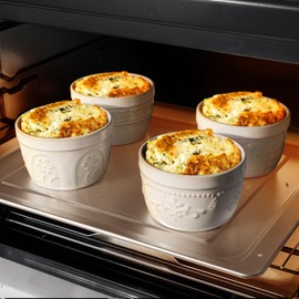 Artena Ramekins, Ramekins Oven Safe, Creme Brulee Ramekins, Embossed White Ceramic Ramiken, Souffle Pudding Custard Cups, Baking Dish, Dipping Bowls, Sauce Cups, Set Of 4 (Willow Leaf, 8 oz)