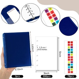 Ireer 3 Set Mini 6 Ring Binder 3 x 5 inch 300 Lined Paper Refill 78 Alphabet Divider Small Index Tab PU Leather Professional Economy Organizer Planner Binder Notebook Kit(Dark Blue)