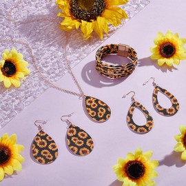 UNICRAFTALE about 4 Pieces Sunflower Print Jewelry Set Leather Multi-Layer Bracelets Sunflower Dangle Earrings Necklaces for Women Bohemian Jewellery for Large Wrists Cosplay Party Costume Accessories