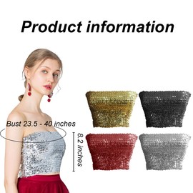 Women's Sequin Years Top, Sparkly Strapless Pension Points for Party Club Wear, Non-Padded Stretchy Bralette, Shiny Bandeau Bra Top for Performance Costume, black