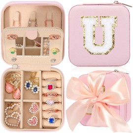 CHMI Travel Jewelry Case, Pink Travel Jewelry Box, Travel Jewelry Organizer, Travel Gifts for Women Girls, Jewelry Organizer Box, Birthday Gifts for Women, Christmas Gifts for Teens Girls - Initial U