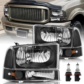 Aosky Headlight Assembly 4Pcs Set with Bulbs Fits for 1999-2004 F250 F350 F450 F550 Super Duty / 2000-2004 Excursion Driver & Passenger Side, Black Housing with Clear Reflector