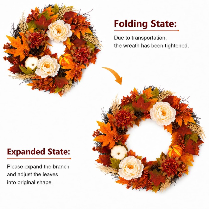 Fall Wreath for Front Door, 24 Inch Artificial Autumn Door