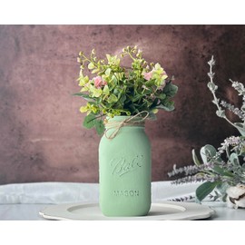 Mint Green Mason Jar with Greenery and Pink Flowers – 32 oz Farmhouse Floral Centerpiece – Girl Baby Shower Decor, Baptism Table Decor, Nursery or Shelf Styling (Mint Green Jar w/Greenery/Pink)