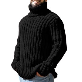 Runcati Men's Turtleneck Pullover Cable Knit Autumn Winter Chunky Knit Plain Jumper Sweater, black