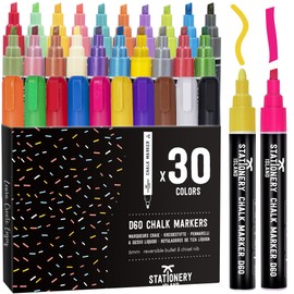 STATIONERY ISLAND Chalk Pens for Blackboards, 6mm Reversible Nib, Pack of 30 Chalk Markers, Chalkboard Pens for Window and Glass, Wipeable Liquid Chalk Pens Washable