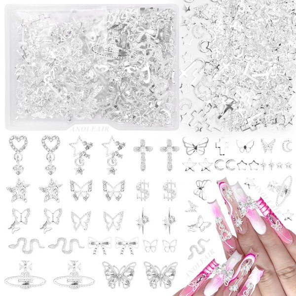 Silver Nail Charms, 320 Pcs Cross Dangle Star 3D Alloy