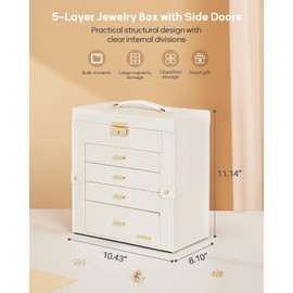 Homde Synthetic Leather Huge Jewelry Box Mirrored Watch Organizer Necklace Ring Earring Storage Lockable Gift Case (White + Gold)
